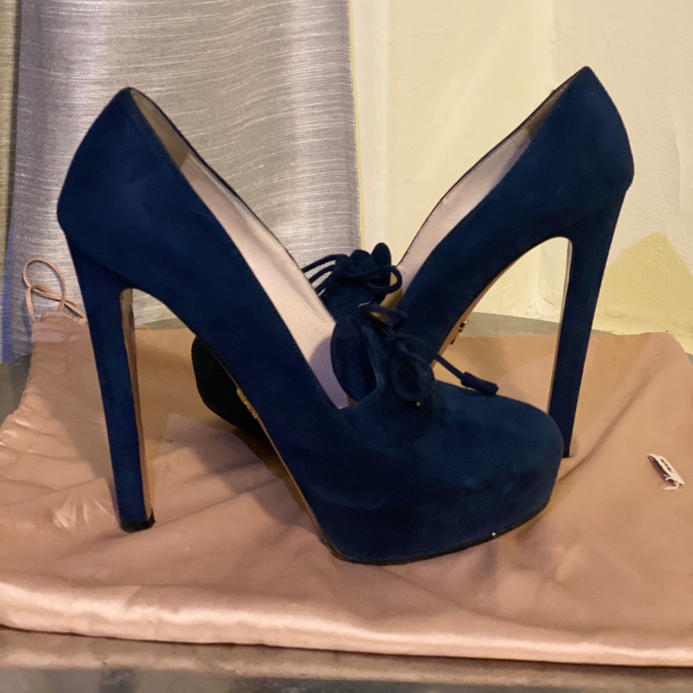 Blue suede Prada heels